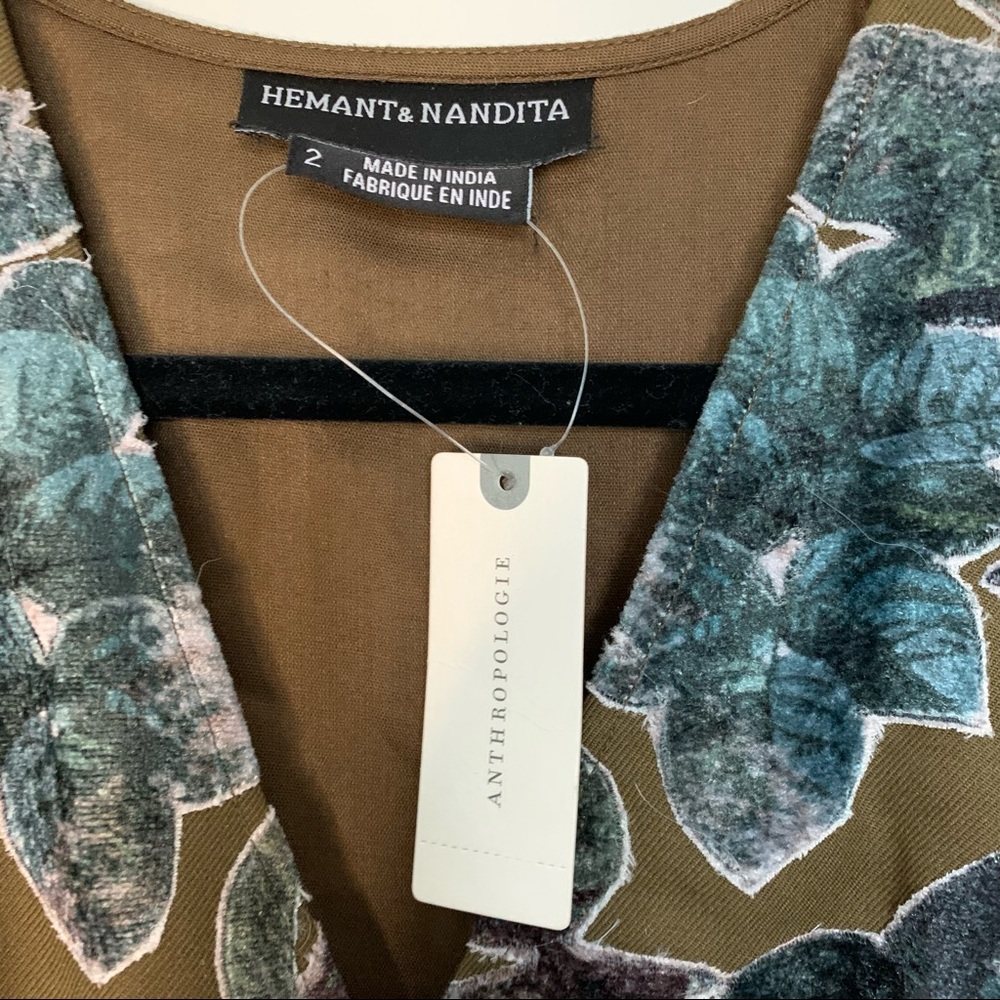 Hemant & Nandita Anthropologie Candida Velvet Midi Dress Floral Wrap Green 2 - Picture 6 of 7